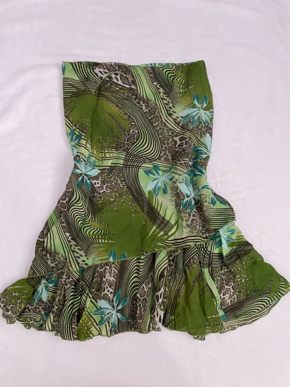 Y2K Green Floral Print Ruffle Hem Women's Skirt